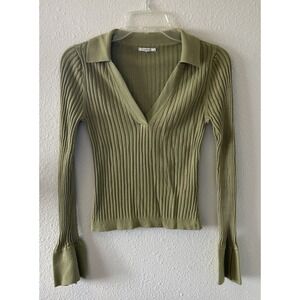Tularosa Women's Top Sz S Green Long Sleeve Collared VNeck Ribbed Boho Y2K Style